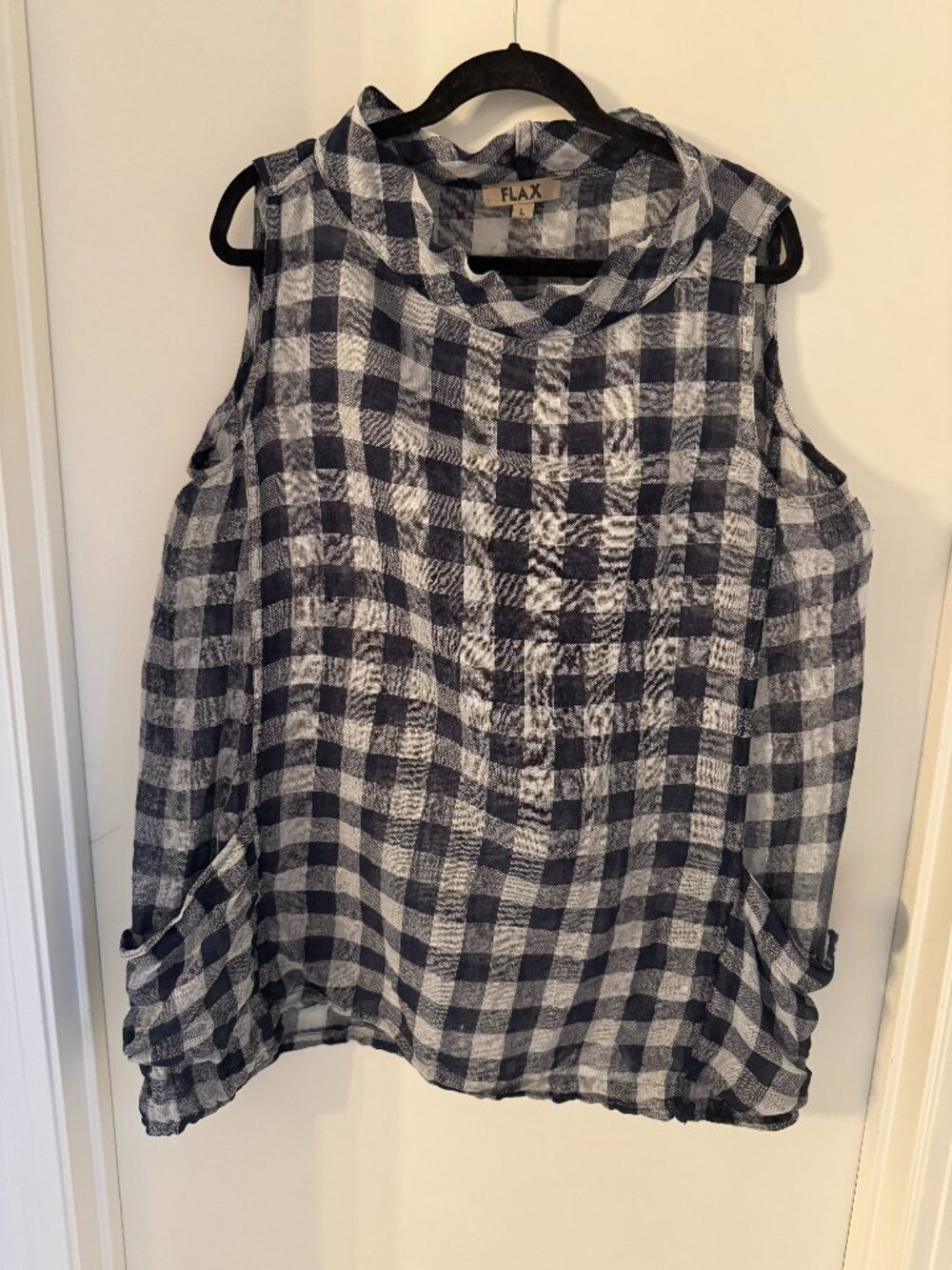 Flax blue and grey checkered sleeveless tunic with pockets, lightweight, size L